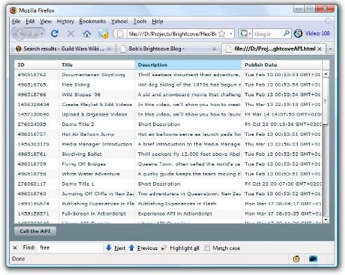 A Flex datagrid populated with Media API results
