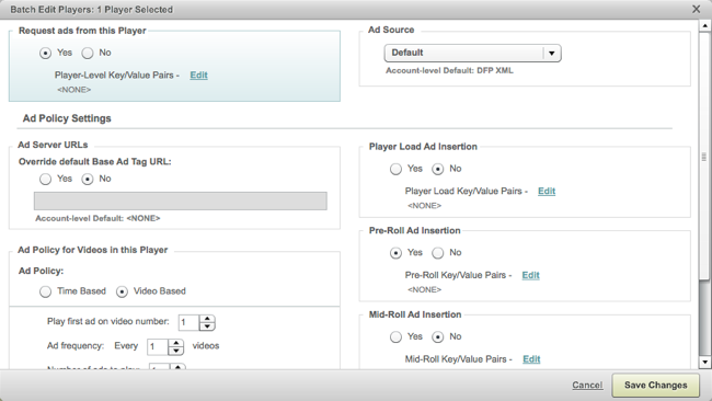 Edit ad policy for a player