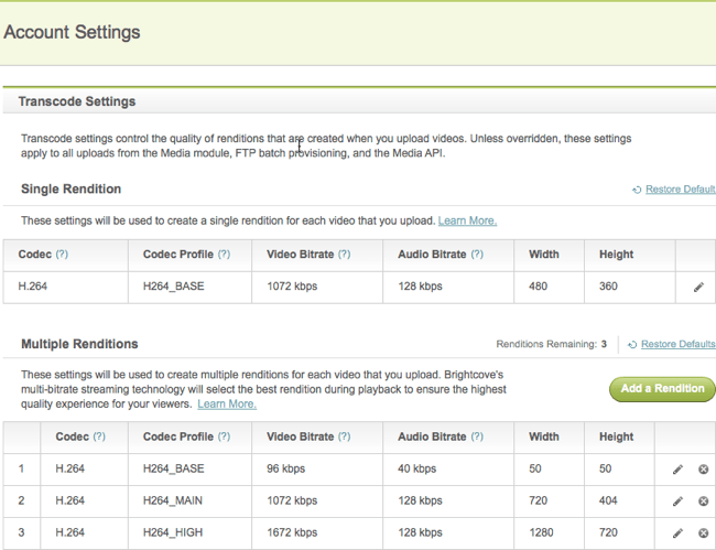View transcode settings