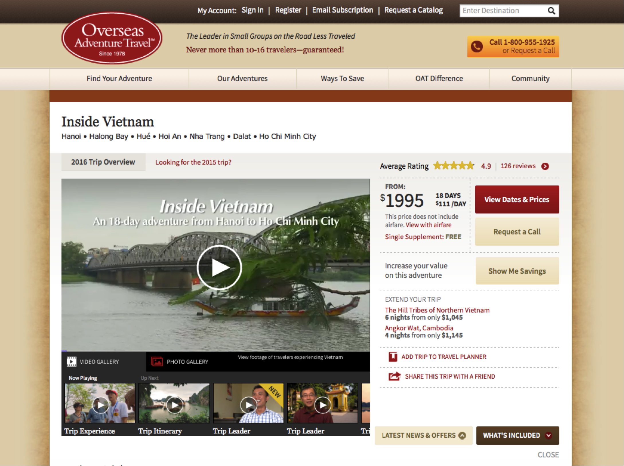 Overseas Adventure Travel landing page with a Brightcove Video Gallery player