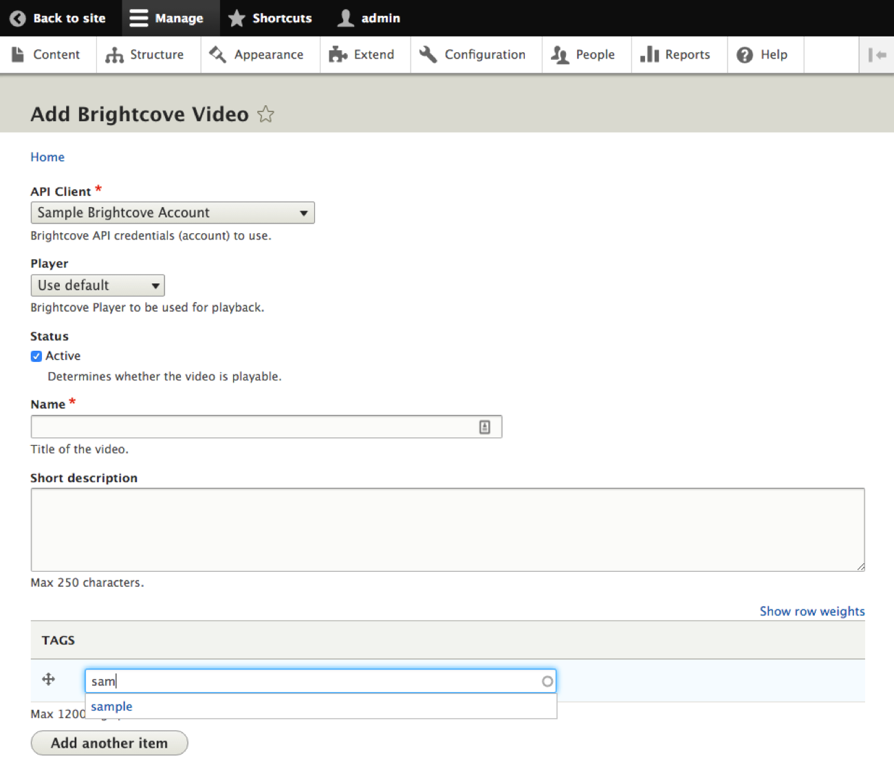 Screenshot on Publishing a Brightcove Video to Drupal CMS