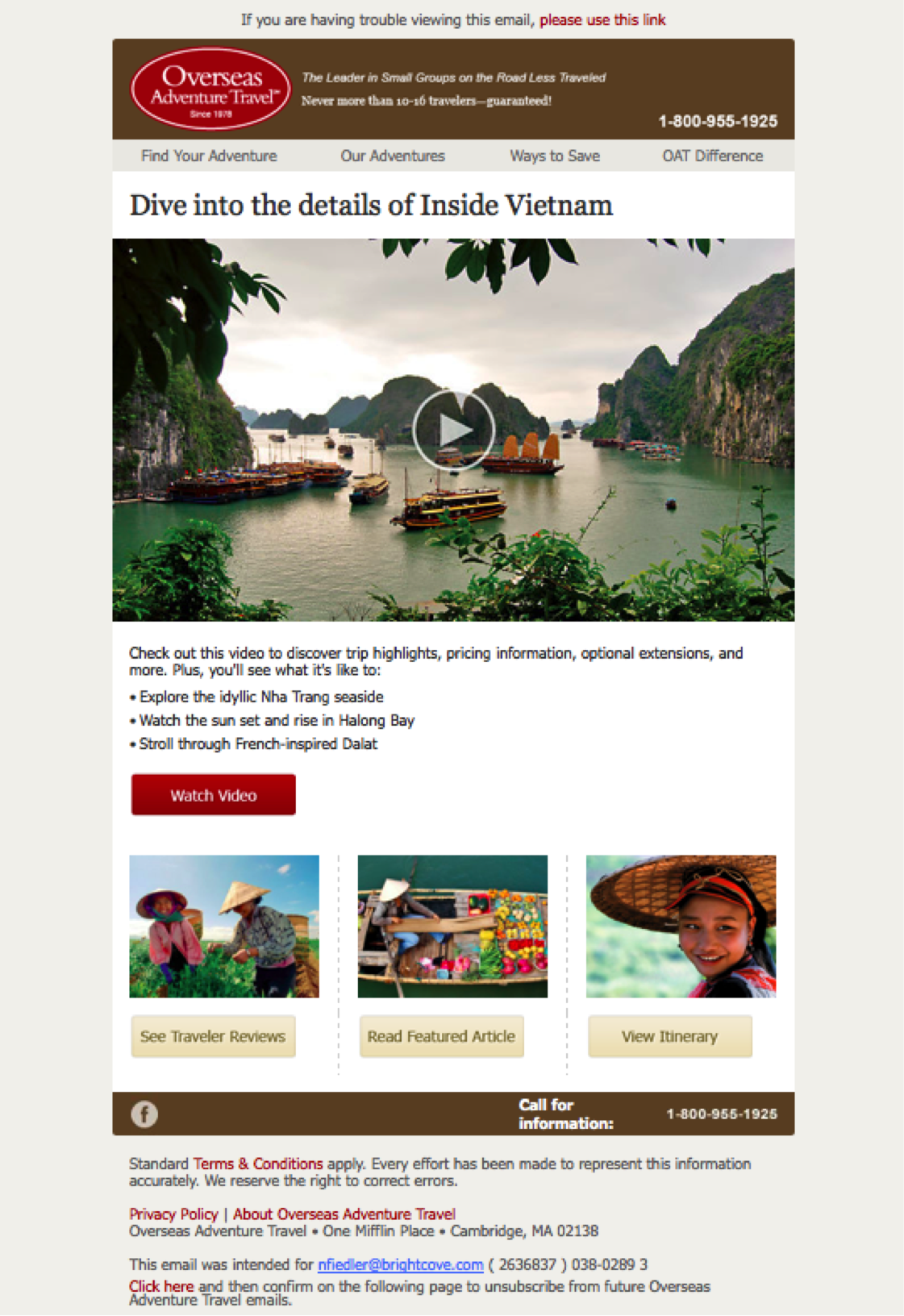 Overseas Adventure Travel Email campaign with a link to watch a travel video