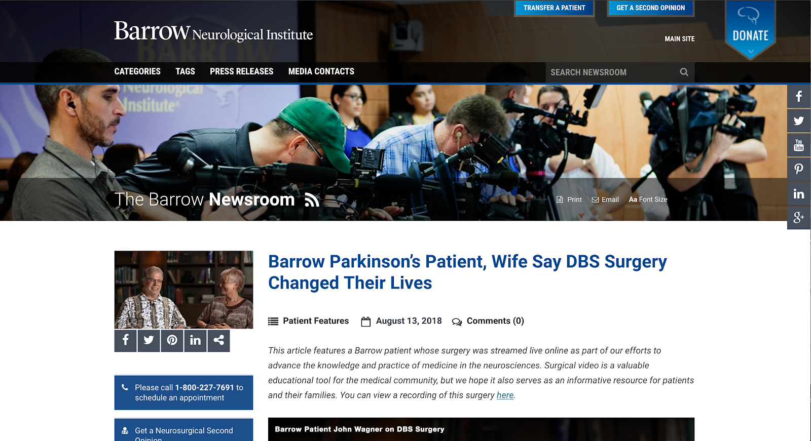 The Barrow Newsroom features live surgery video.