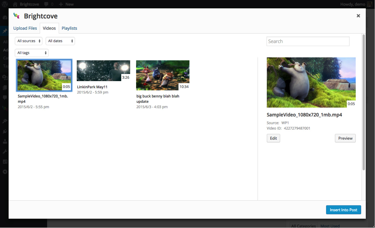 Wordpress Brightcove Video Upload Screenshot
